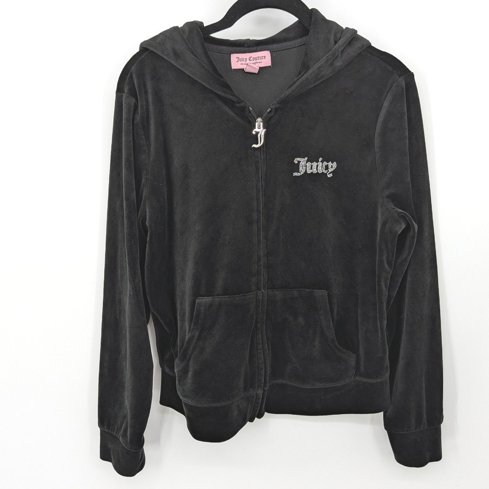 Juicy Couture Velour‎ Hoodie Women Medium Black Full Zip Up Rhinestone Logo Y2K